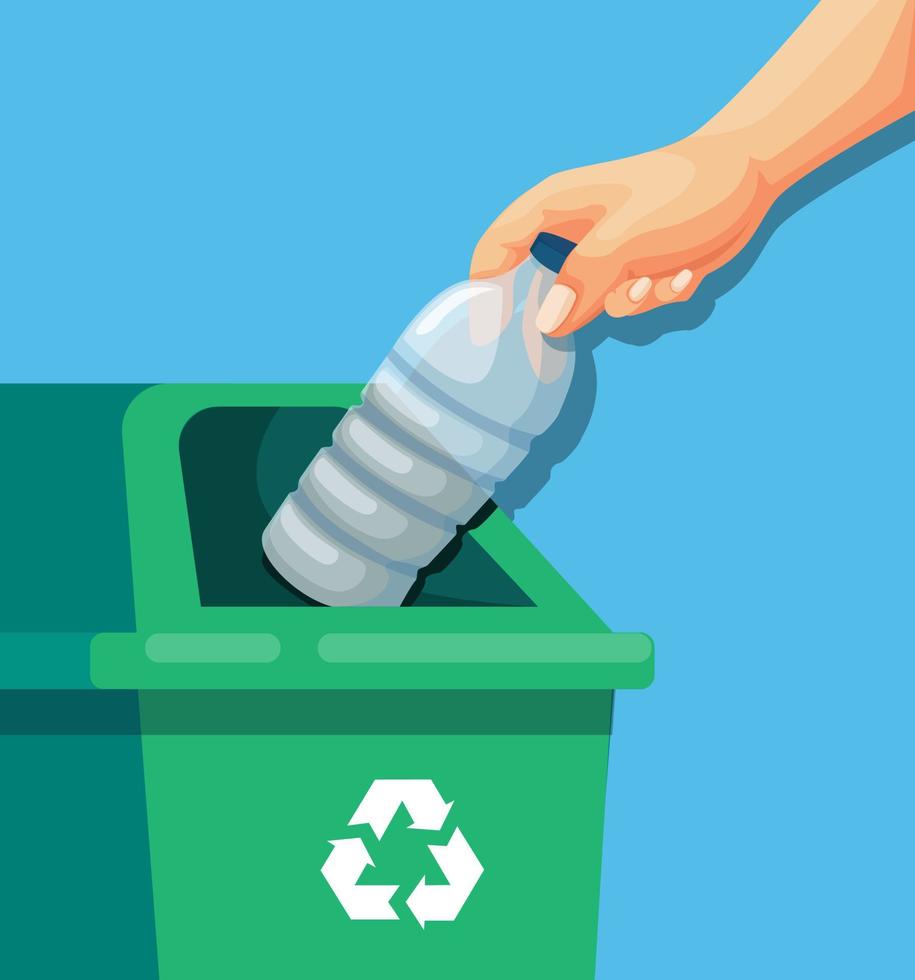 hand putting empty plastic bottle to trash recycle bin. cartoon illustration vector