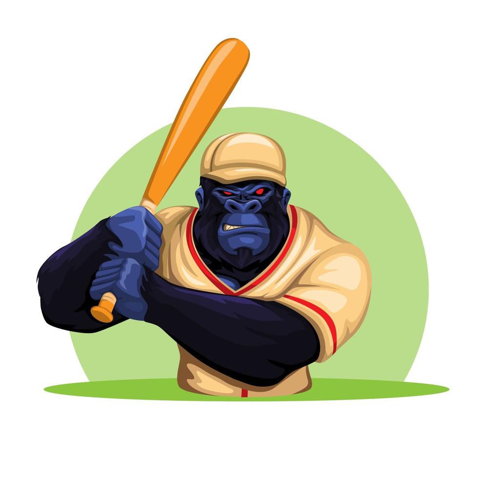 Gorilla monkey in baseball costume holding bat ready to play character mascot illustration vector
