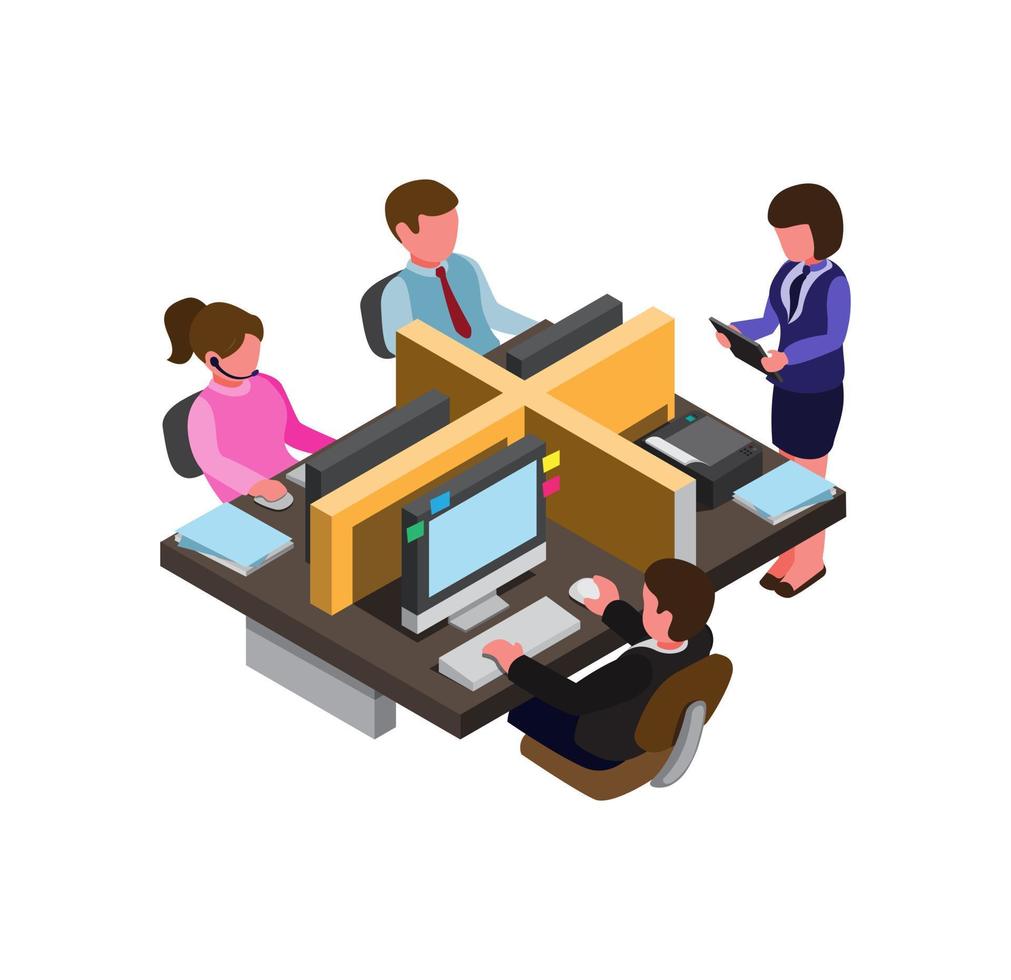 busy workplace office, for teamwork or startup business situation. infographic, symbol, icon in isometric flat illustration vector