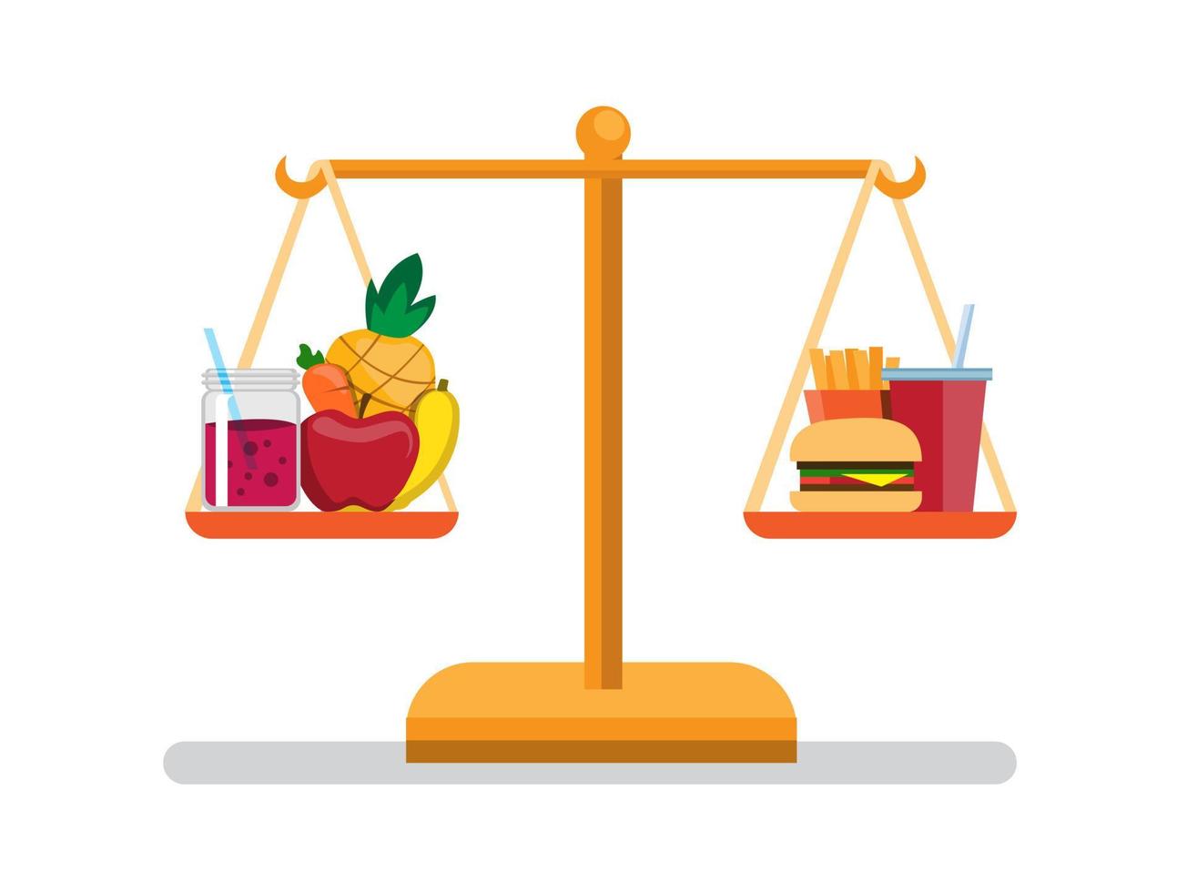 Frutas, verduras y comida rápida en equilibrio, vector de ilustración plana de icono de símbolo de comida saludable y no saludable con fondo blanco