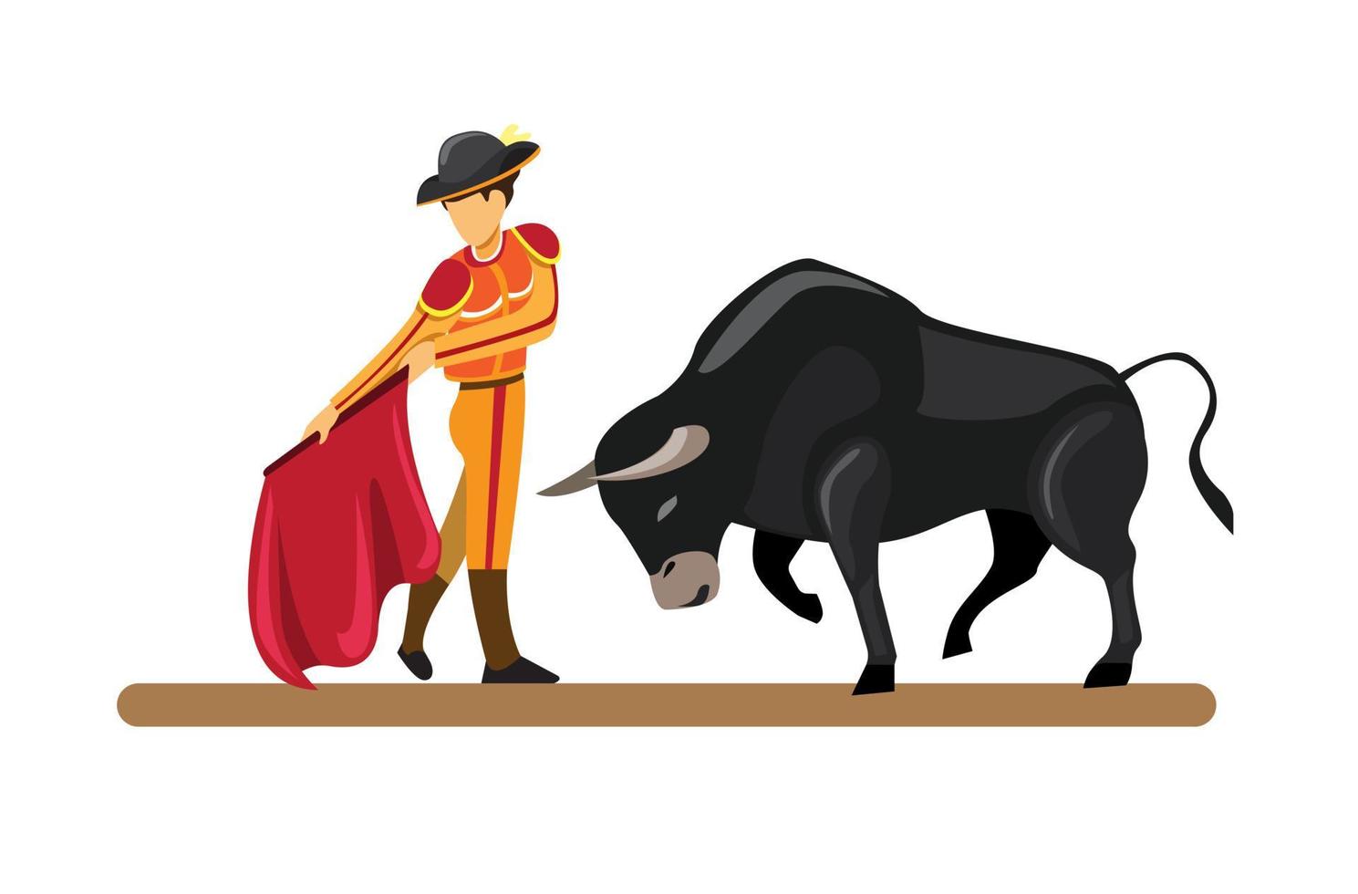 Toro de atracción tradicional español y matador en vector de ilustración plana de dibujos animados aislado en fondo blanco