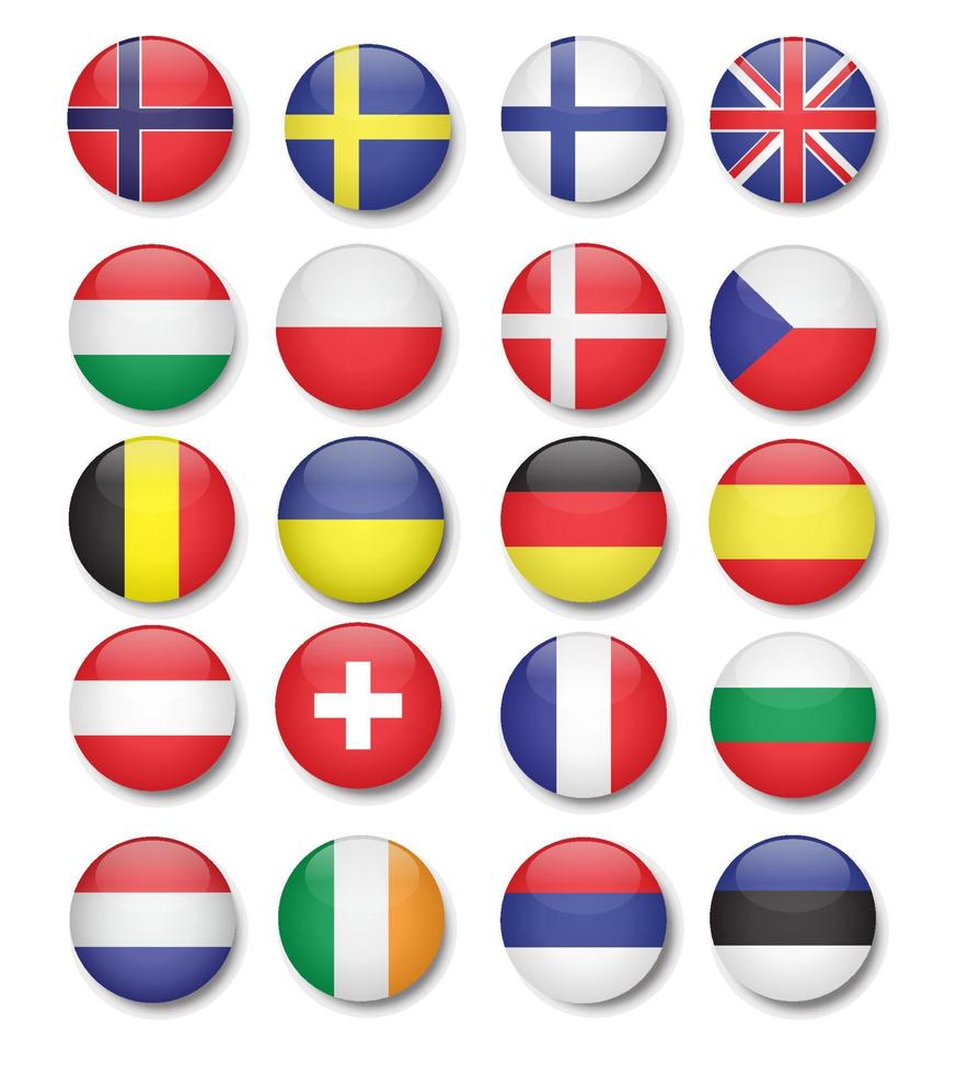 europe national flag collection in glossy pin icon set vector