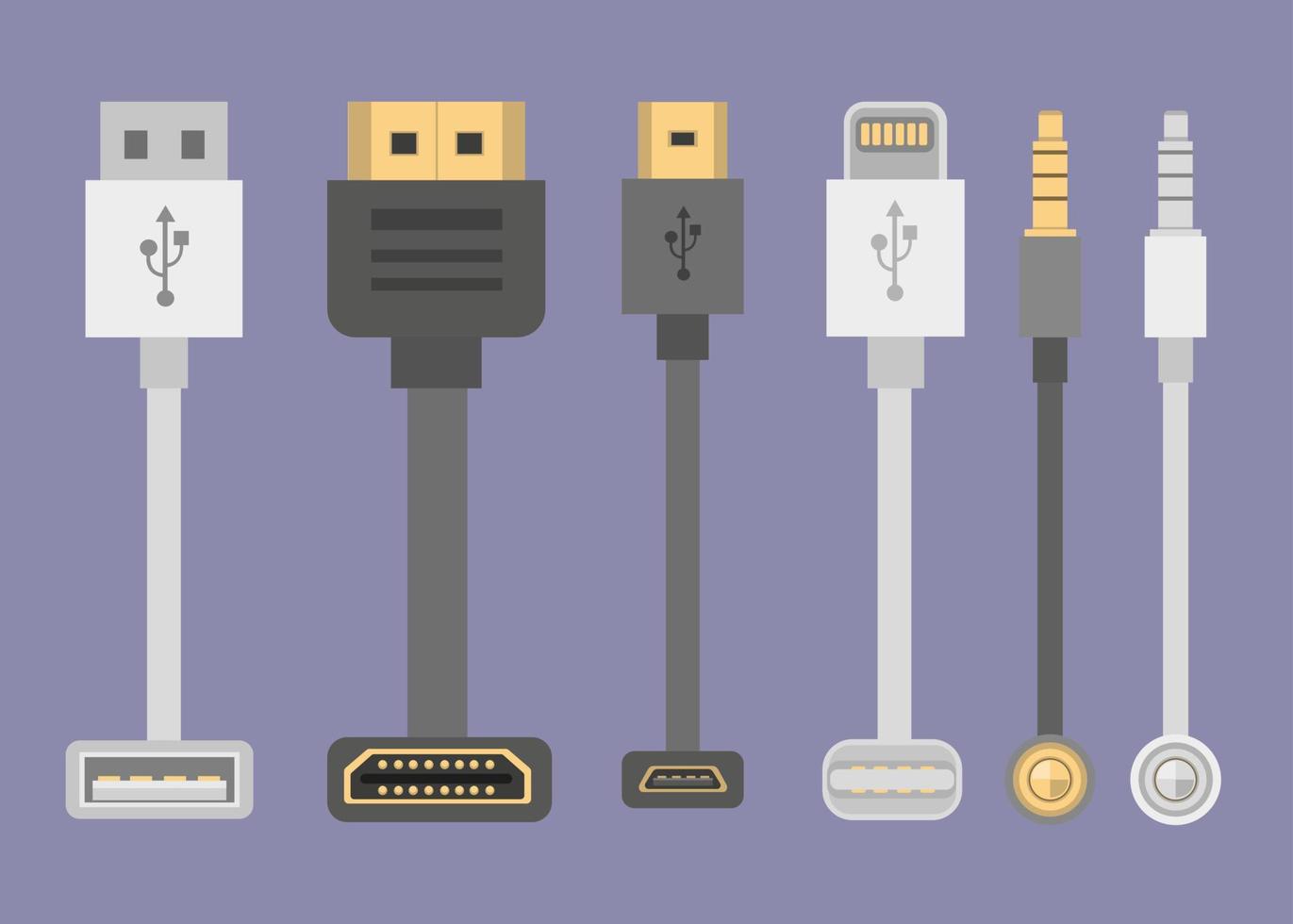 cable collection, hdmi, usb, lightning, jack audio front and top view in flat illustration vector