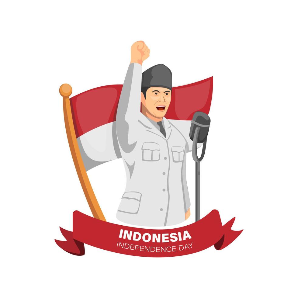 Bandung, West Java, 6 august 2020 - INDONESIA Independence day with figure of Bung Karno first president of indonesia speech proclamation symbol in cartoon illustration vector