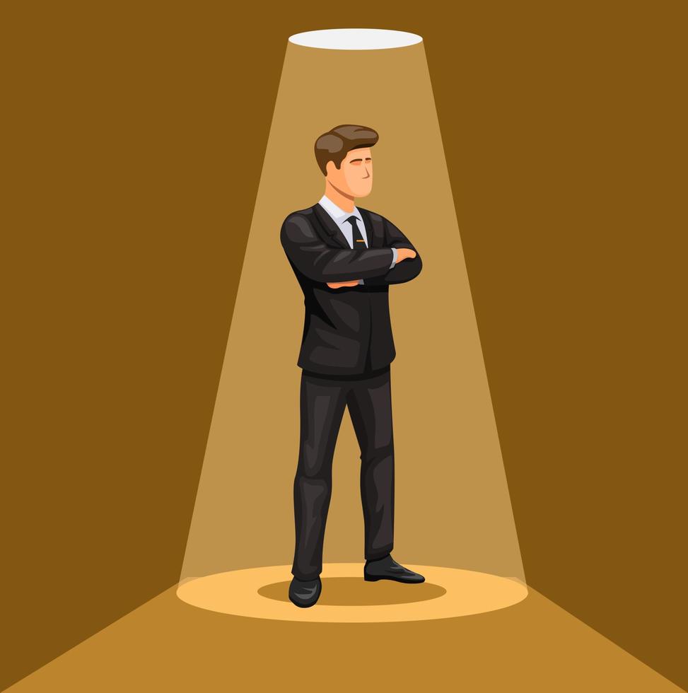 Man in tuxedo standing under spotlight in gold background. professional businessman character concept illustration vector