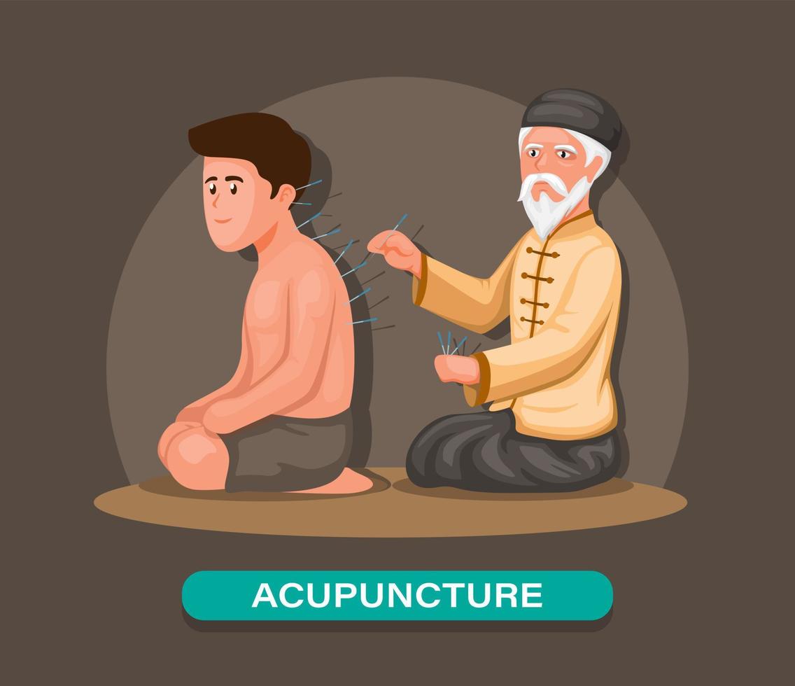 Acupuncture chinese traditional medicine with practitioner and patient cartoon illustration vector