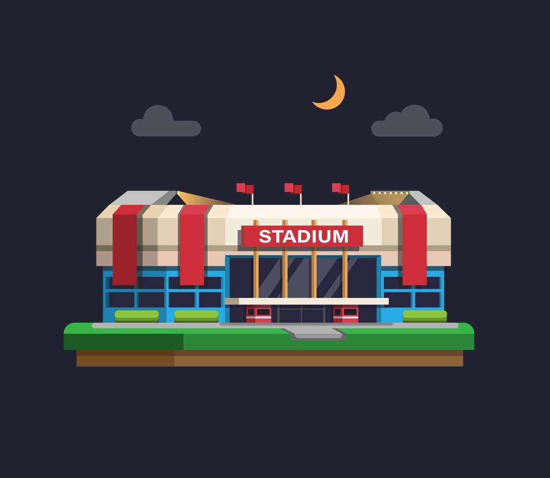Edificio del estadio deportivo de arena en concepto de noche en vector de ilustración de dibujos animados plana