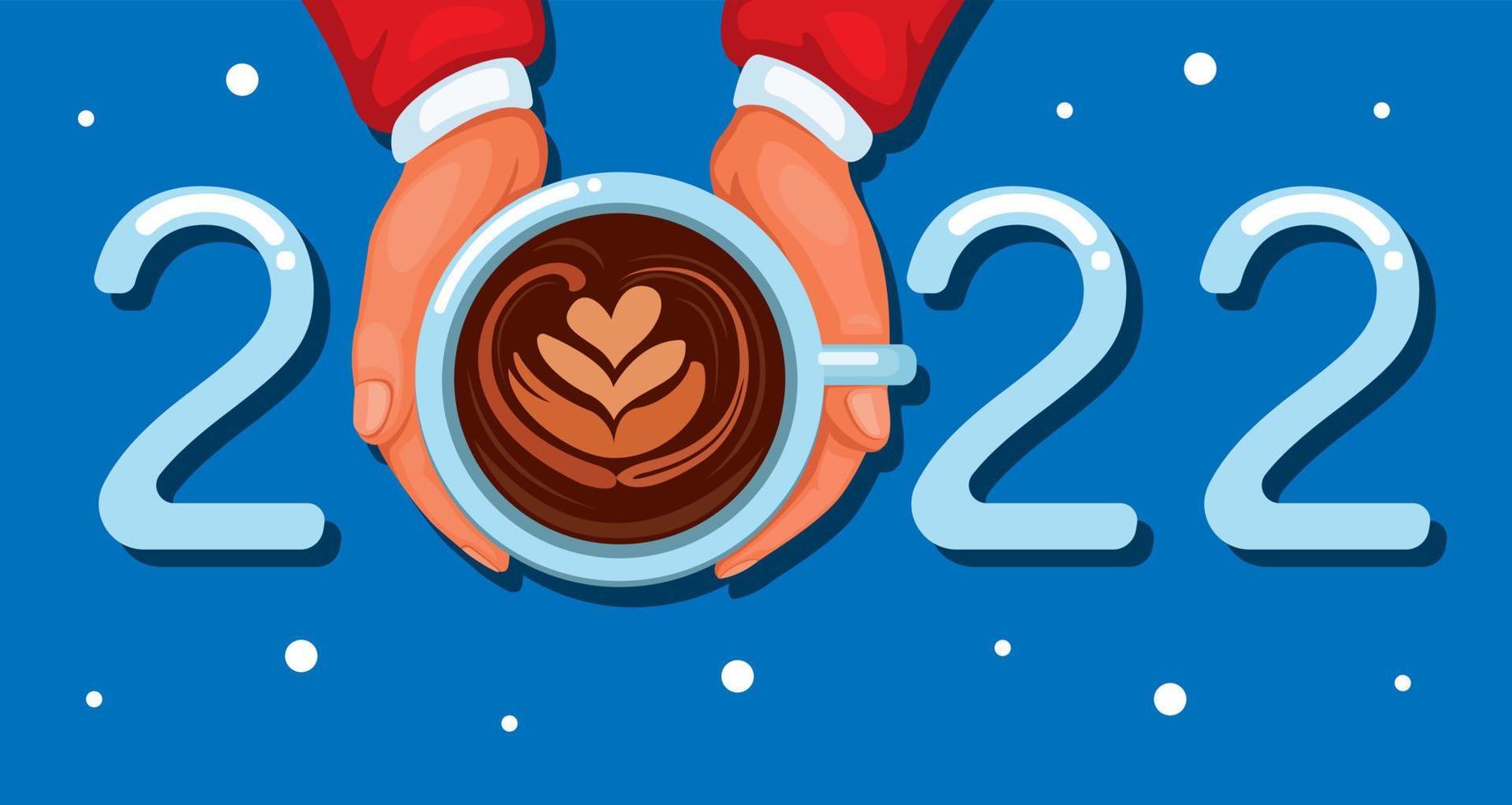 2022 feliz año nuevo y celebración de saludo navideño con mano de santa sosteniendo vector de ilustración de dibujos animados de café