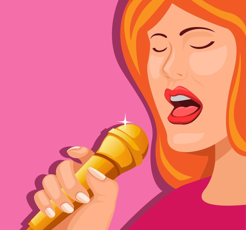 Mujer sosteniendo micrófono cantando, concepto de símbolo de artista cantante en vector de ilustración de dibujos animados