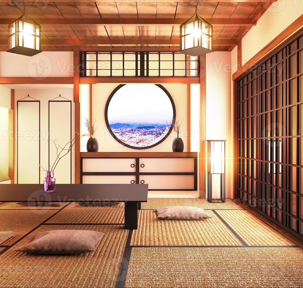 Diseño de interiores de habitación grande en living moderno con mesita baja negra, lámpara, jarrón y decoración estilo japonés. Representación 3d foto