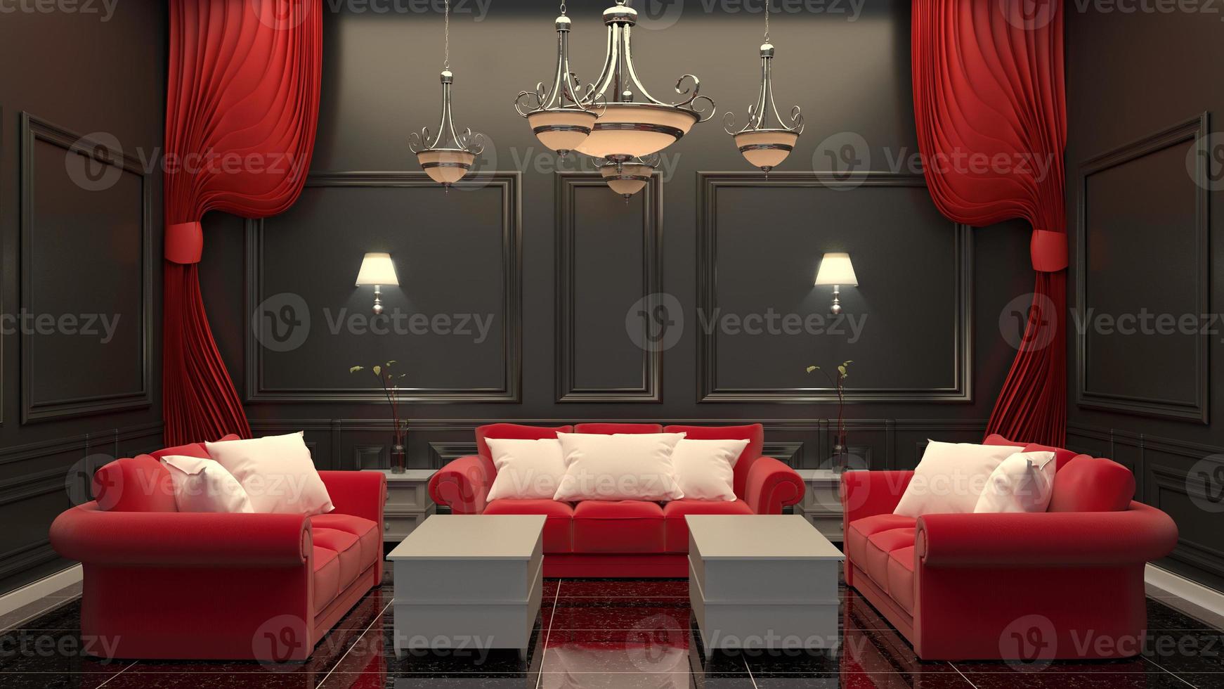 Sofá rojo interior de la habitación contemporánea en piso negro y pared negra. Representación 3d foto