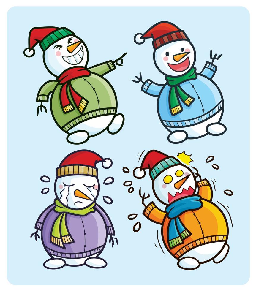 divertido muñeco de nieve navideño con muchas expresiones vector