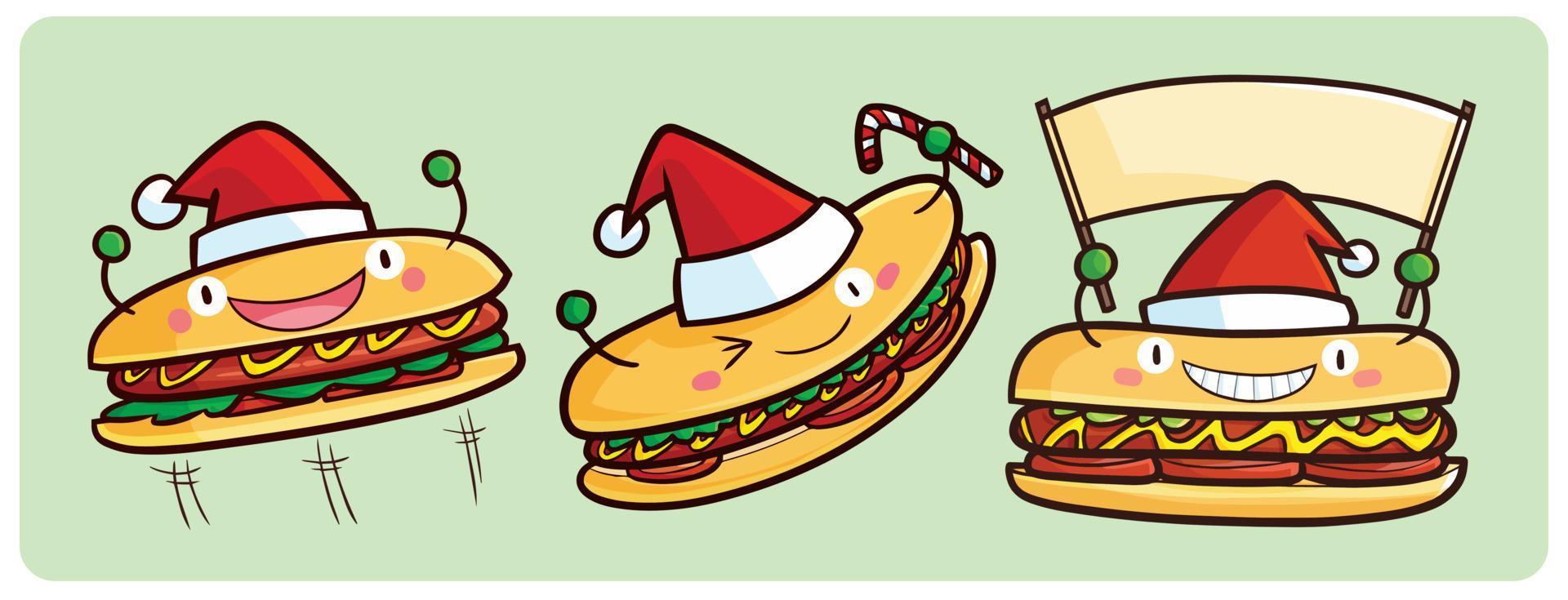 divertidos personajes de hotdog navideño en estilo de dibujos animados vector