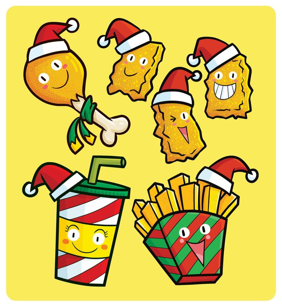 Funny christmas fastfood characters in cartoon style vector