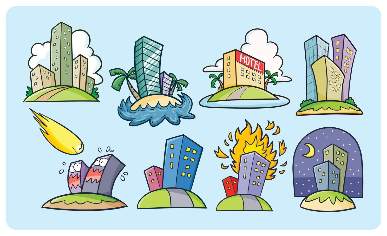 Funny building collection in kawaii cartoon style vector