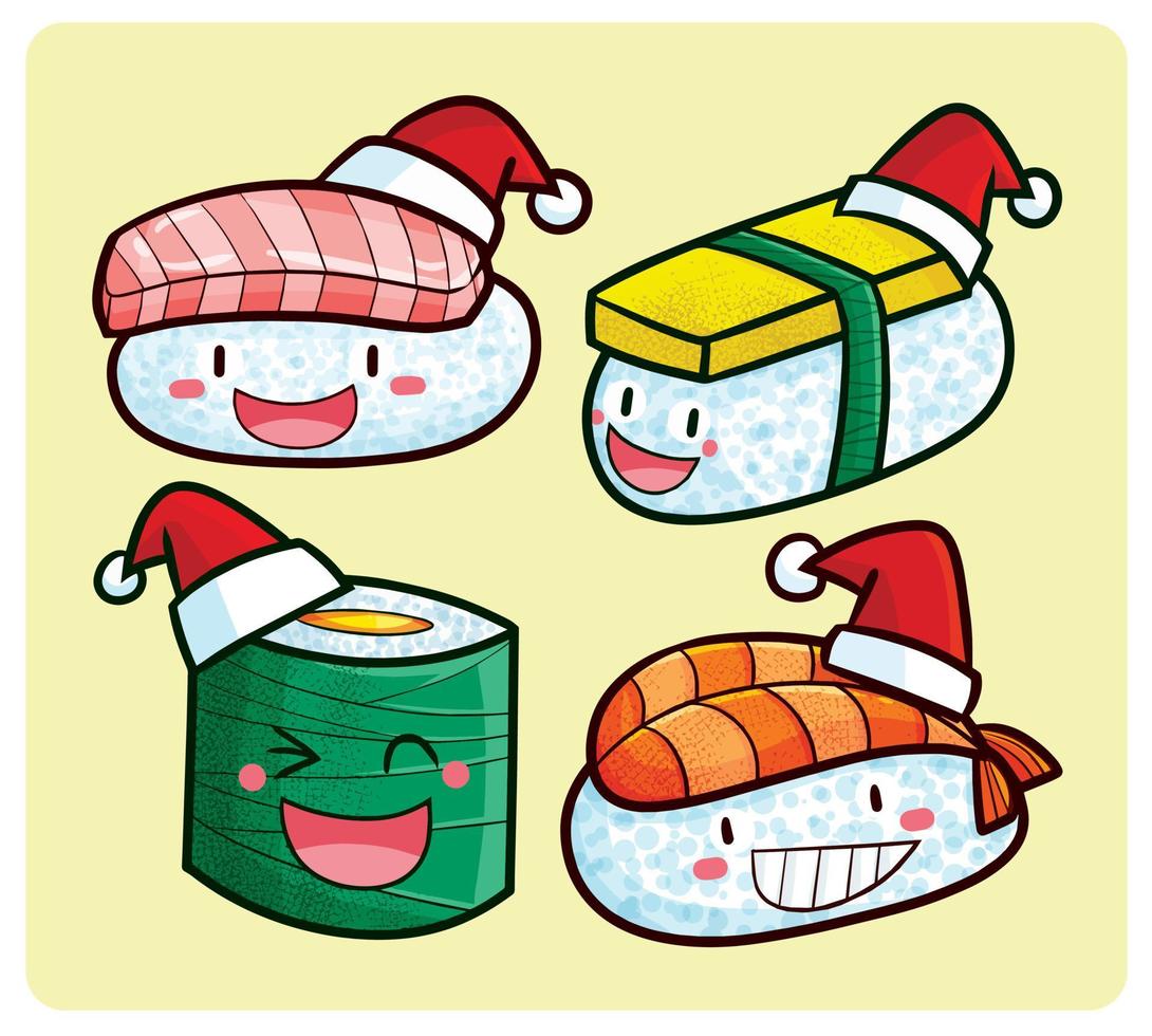 Funny christmas sushi characters in kawaii style vector