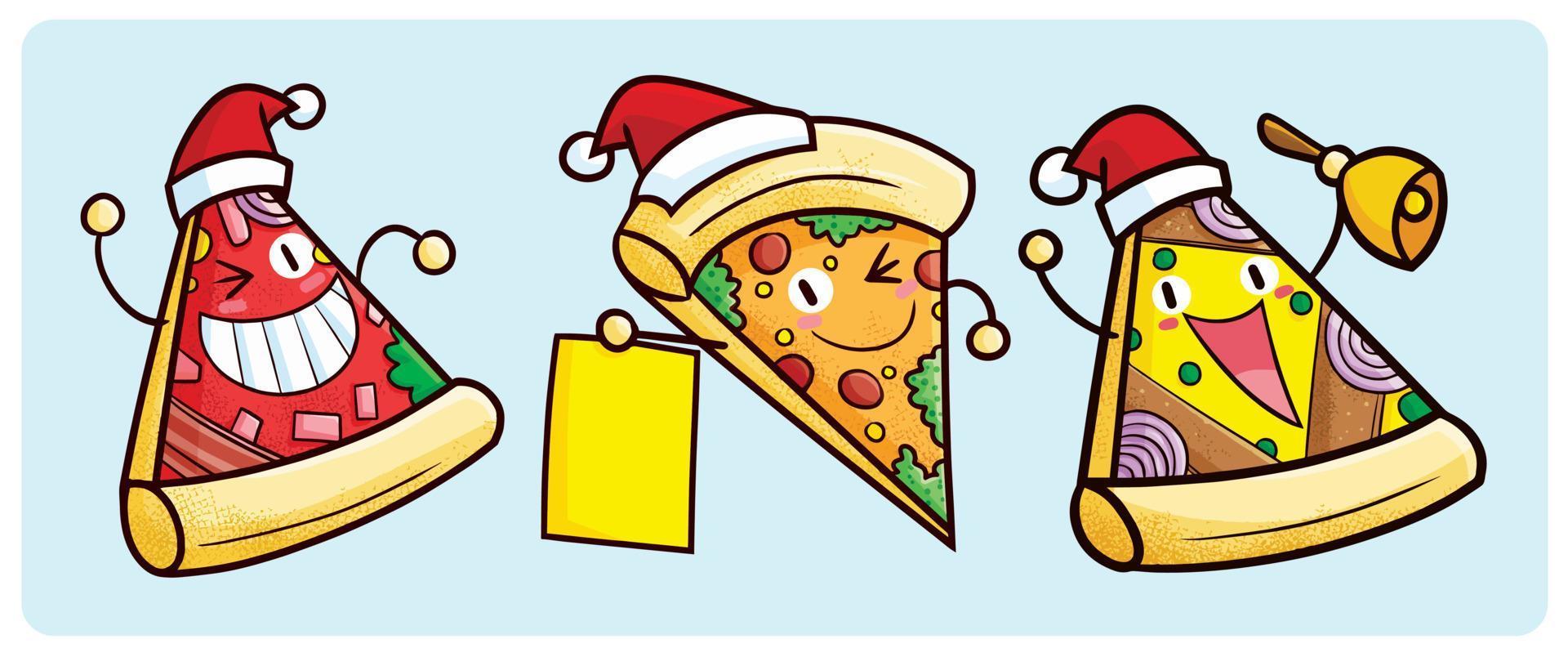 divertidos personajes de pizza navideña en estilo de dibujos animados vector