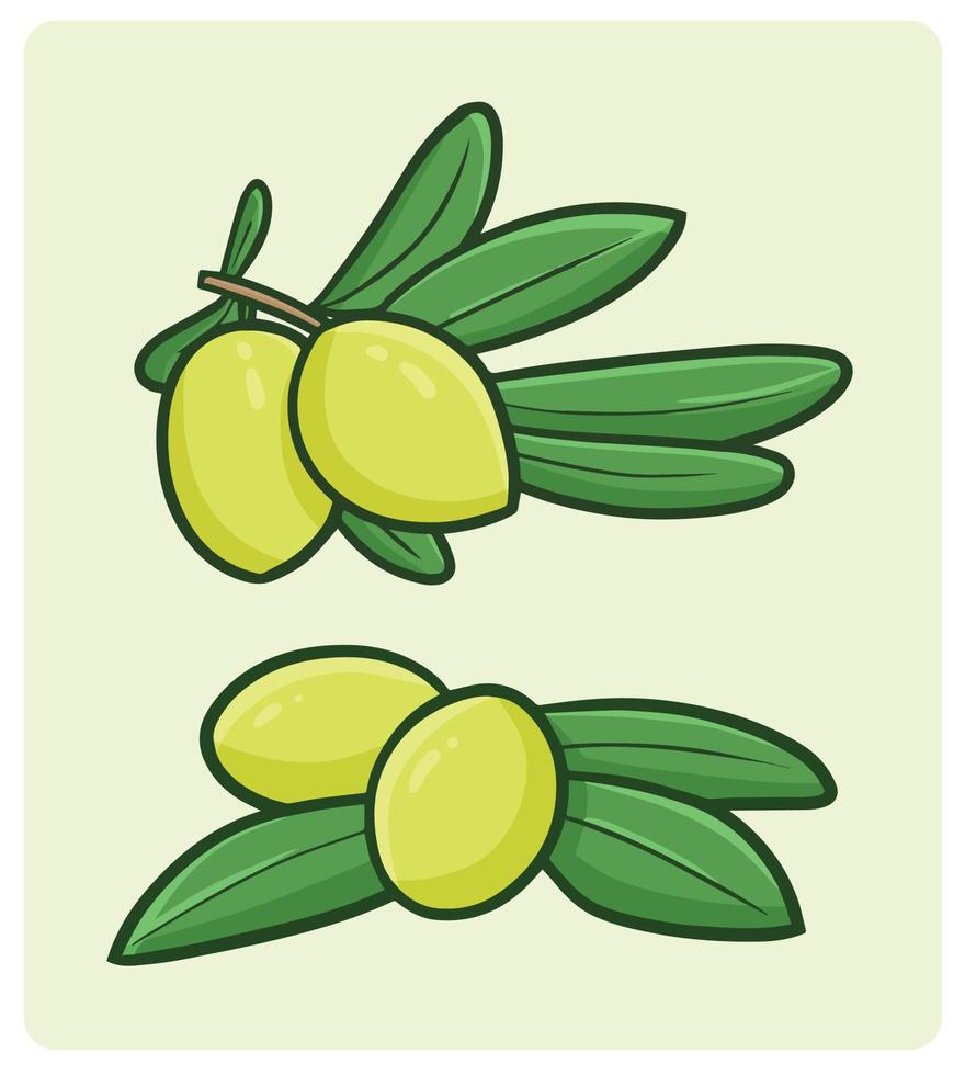 fruta de olivo con hojas ilustración de dibujos animados vector