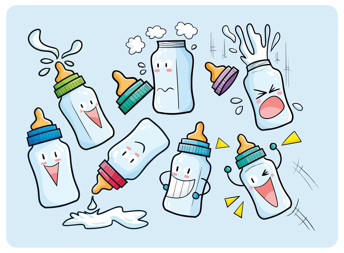 Conjunto de ilustración de dibujos animados de personajes de botella de leche kawaii vector