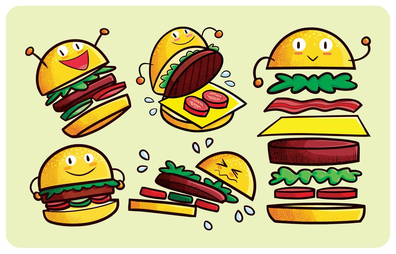 Funny hamburger characters expression set in kawaii style vector