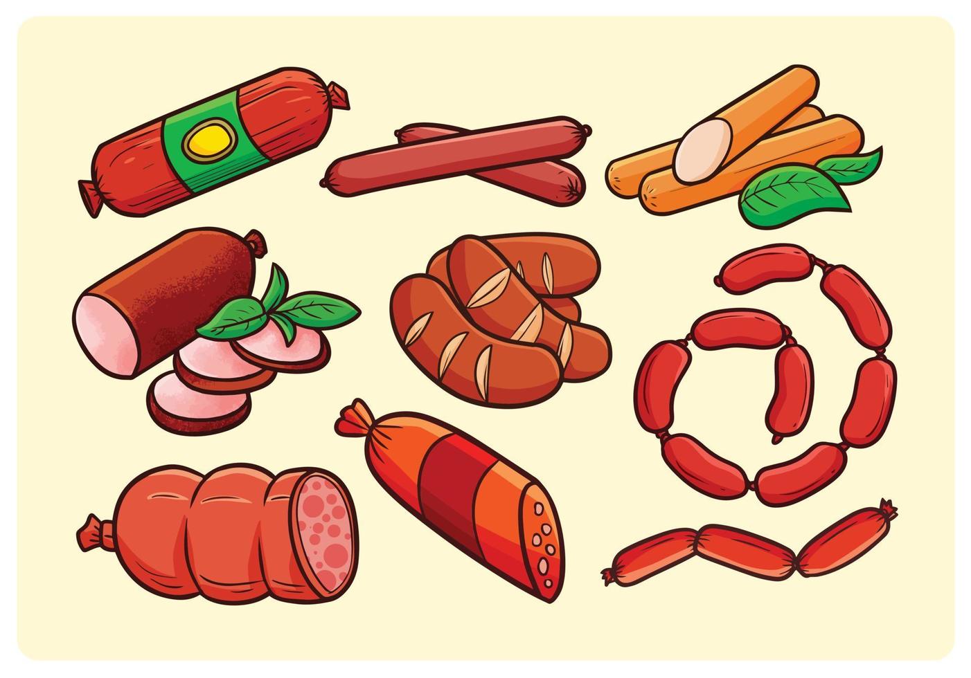 delicioso, salchichas, caricatura, ilustración, conjunto vector