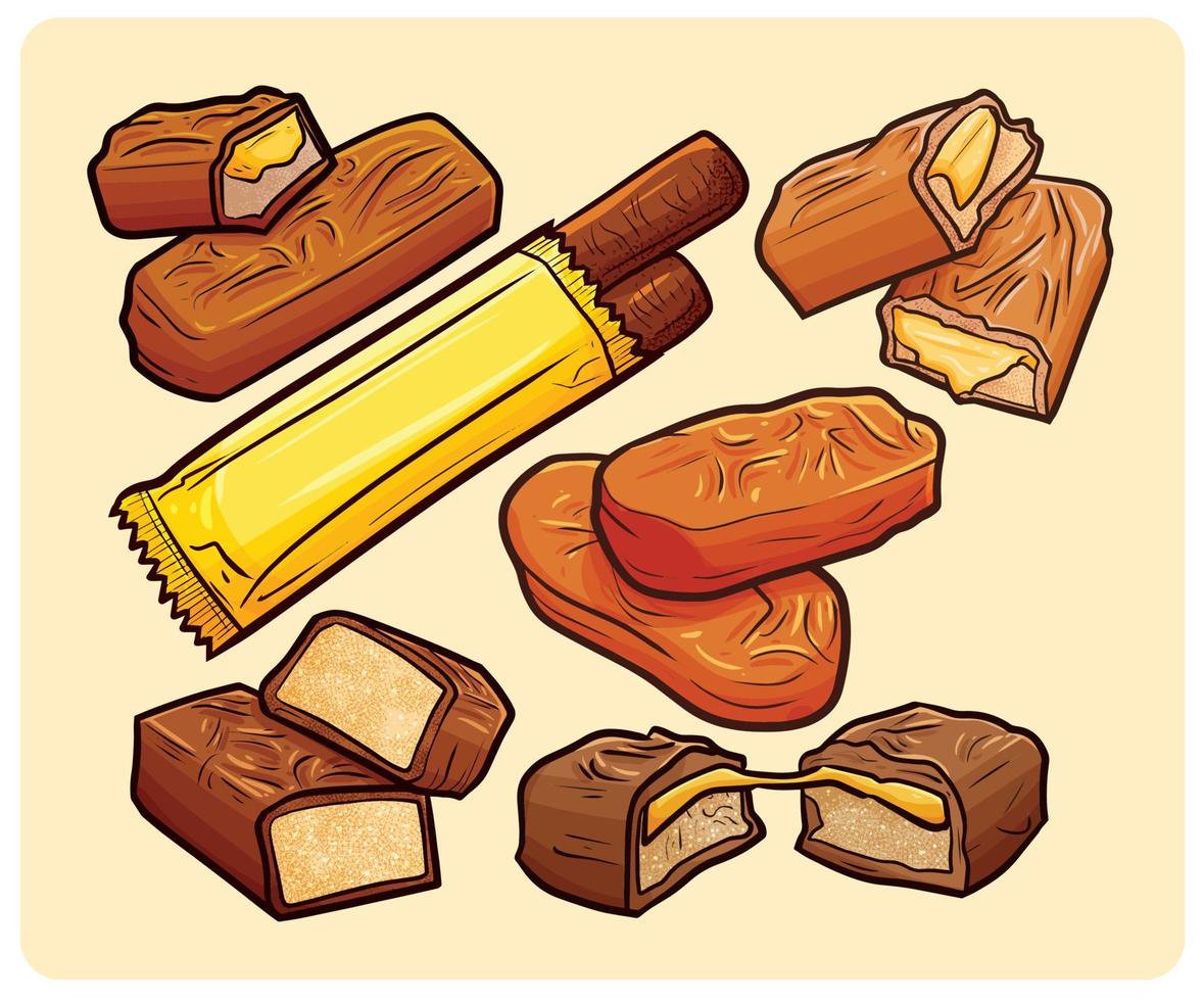 Yummy chocolate caramel collection in cartoon style vector