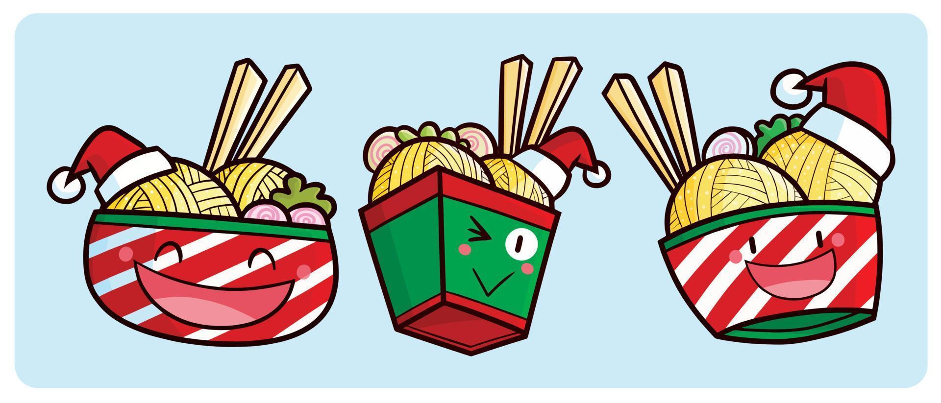 divertidos personajes de fideos navideños en estilo de dibujos animados vector