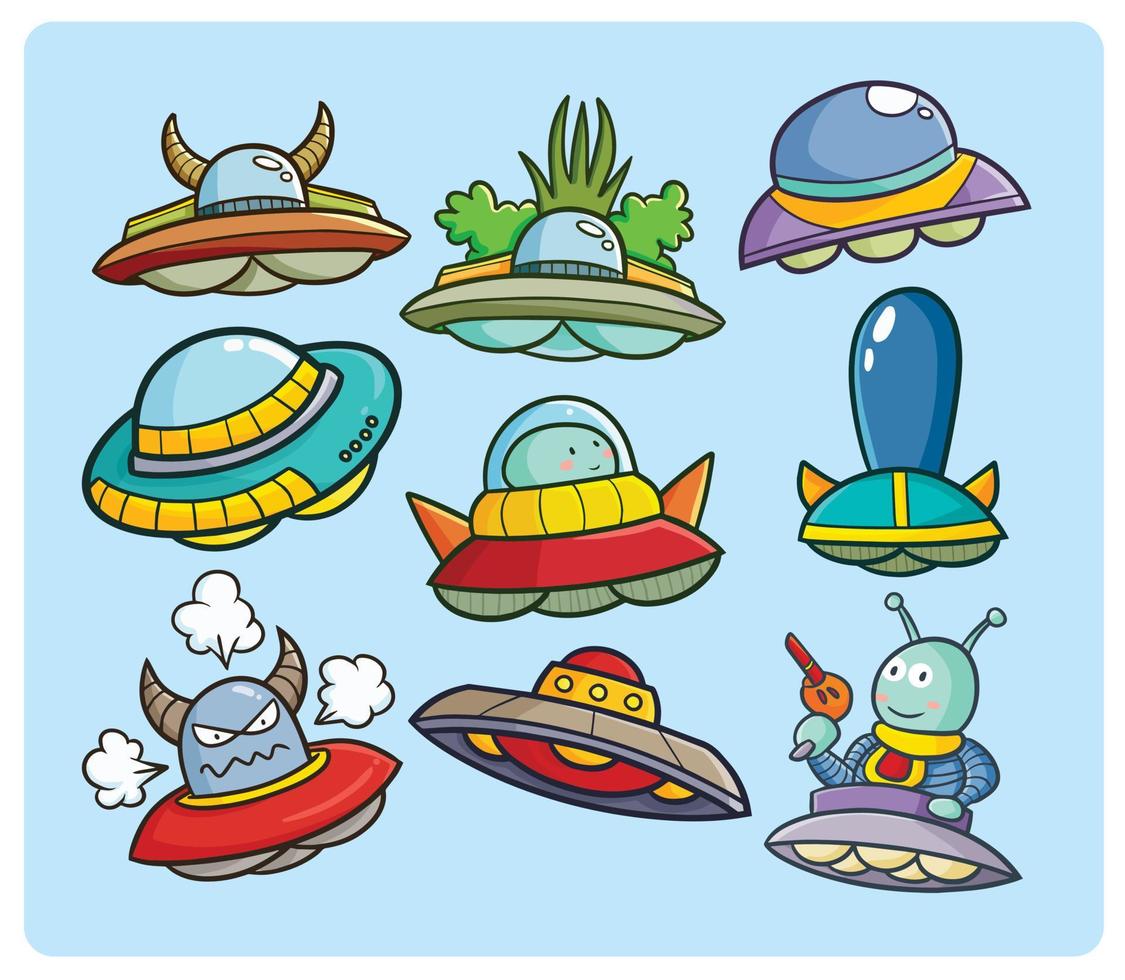 Funny UFO cartoon vector illustration set