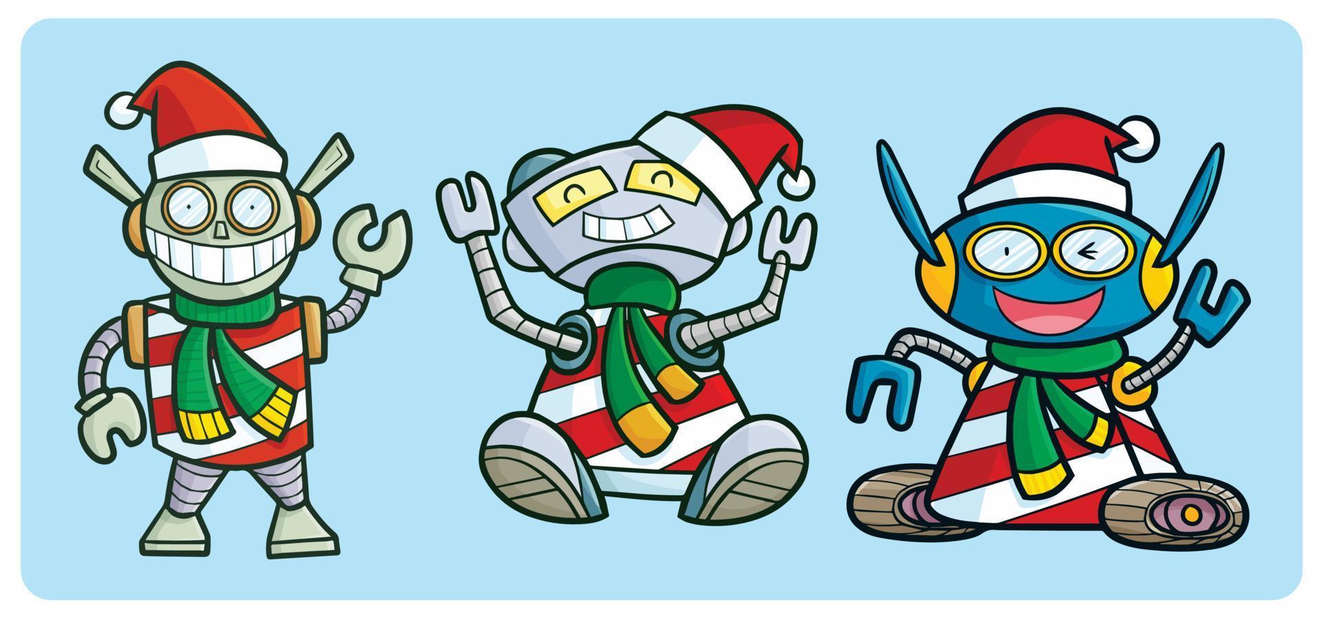 Funny chirstmas robots in cartoon style vector