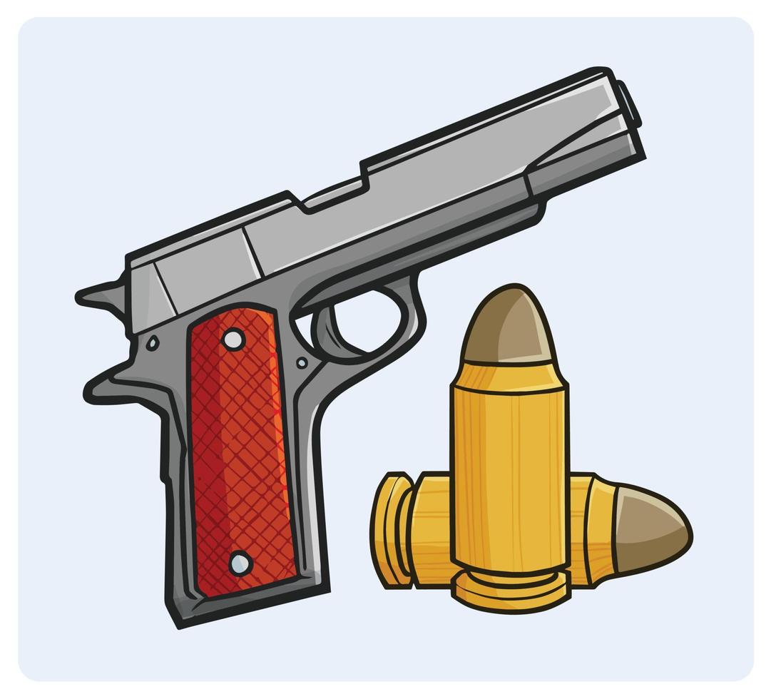 Cool gun and bullets in simple cartoon style vector