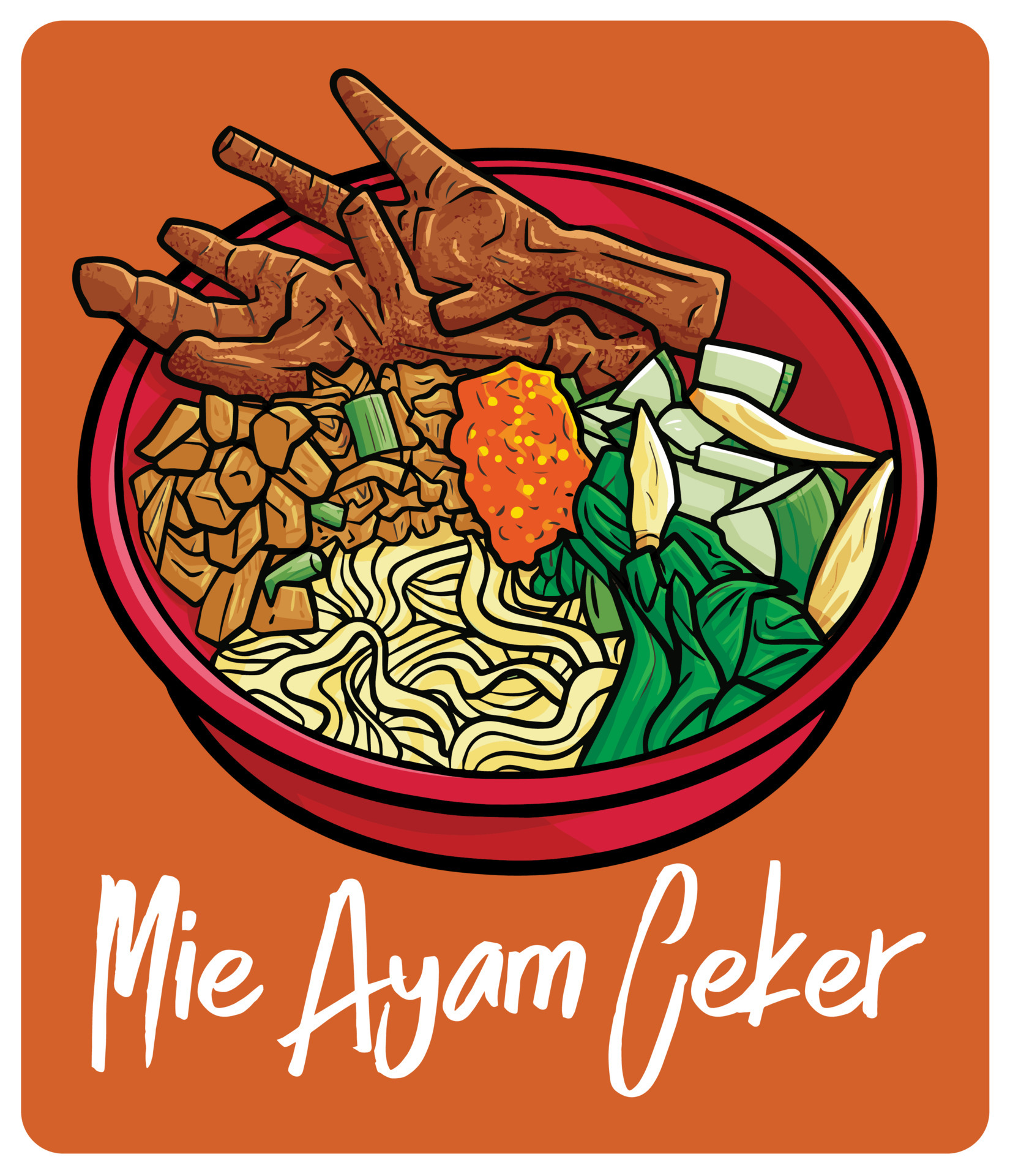 Mie Ayam Ceker a traditional food from Indonesia in cartoon style