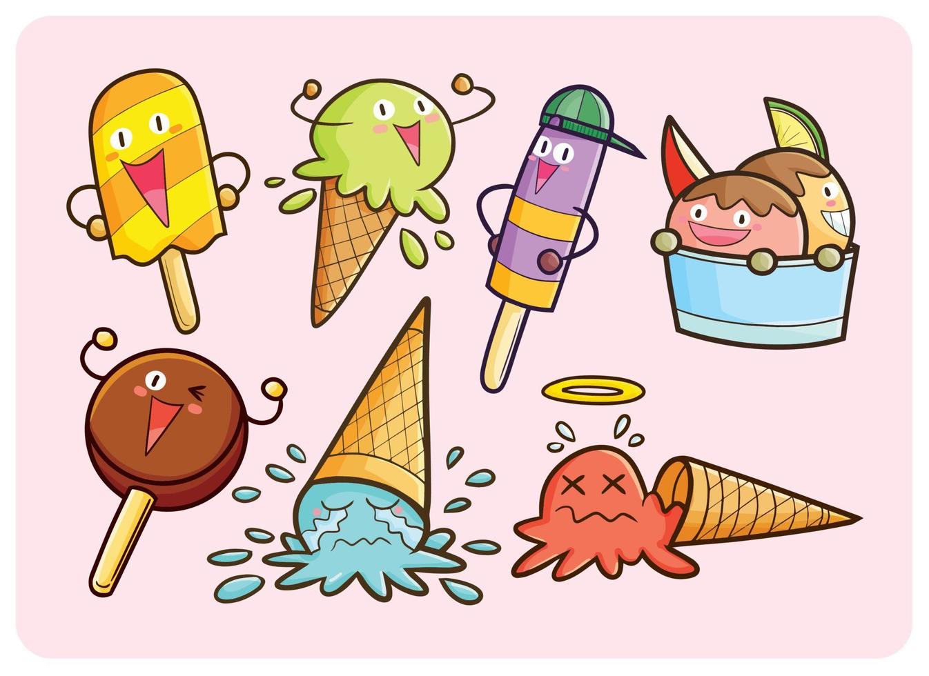 Kawaii summer ice cream mascot collection in cartoon vector