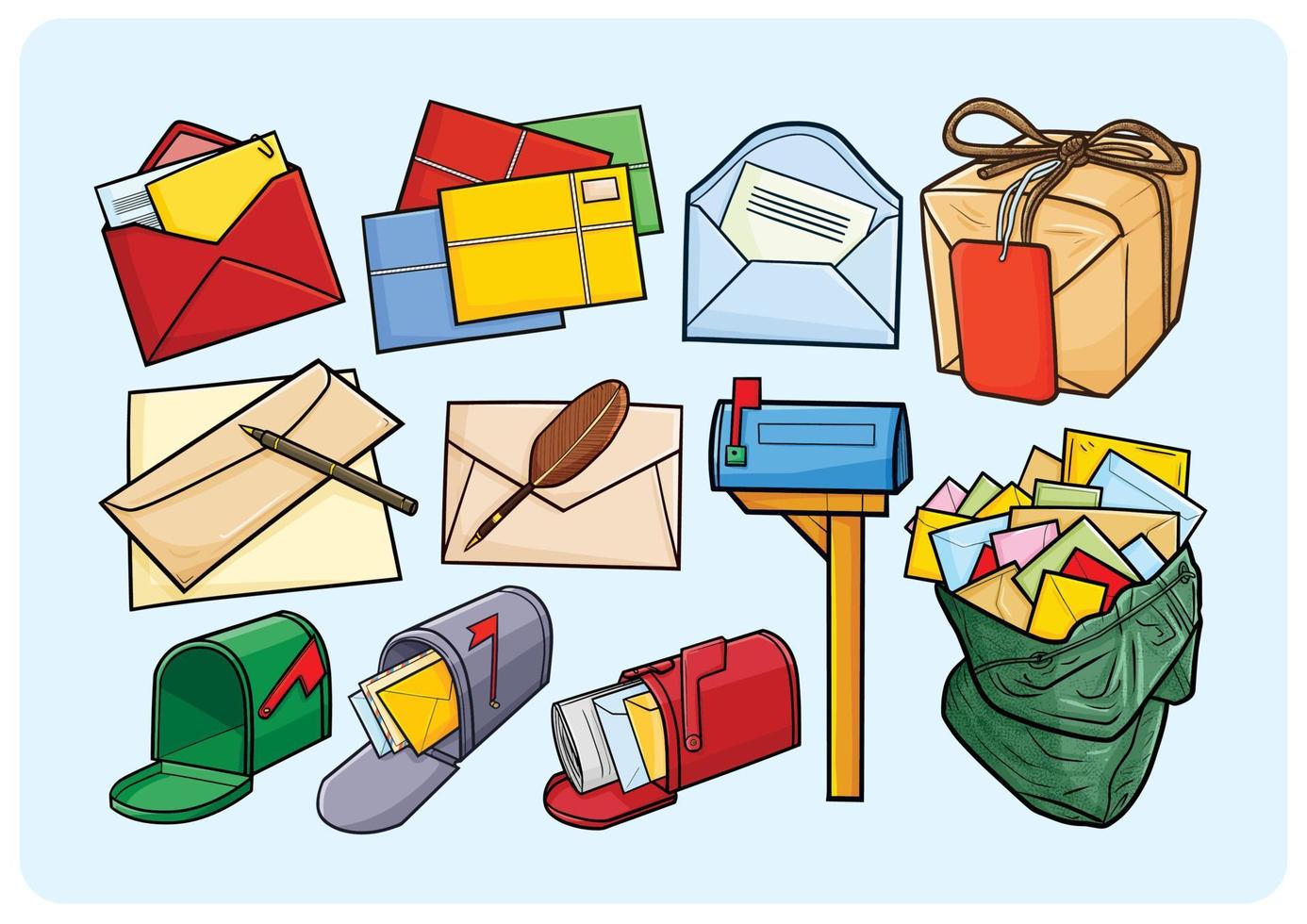 Mail and post item collection in simple cartoon style vector