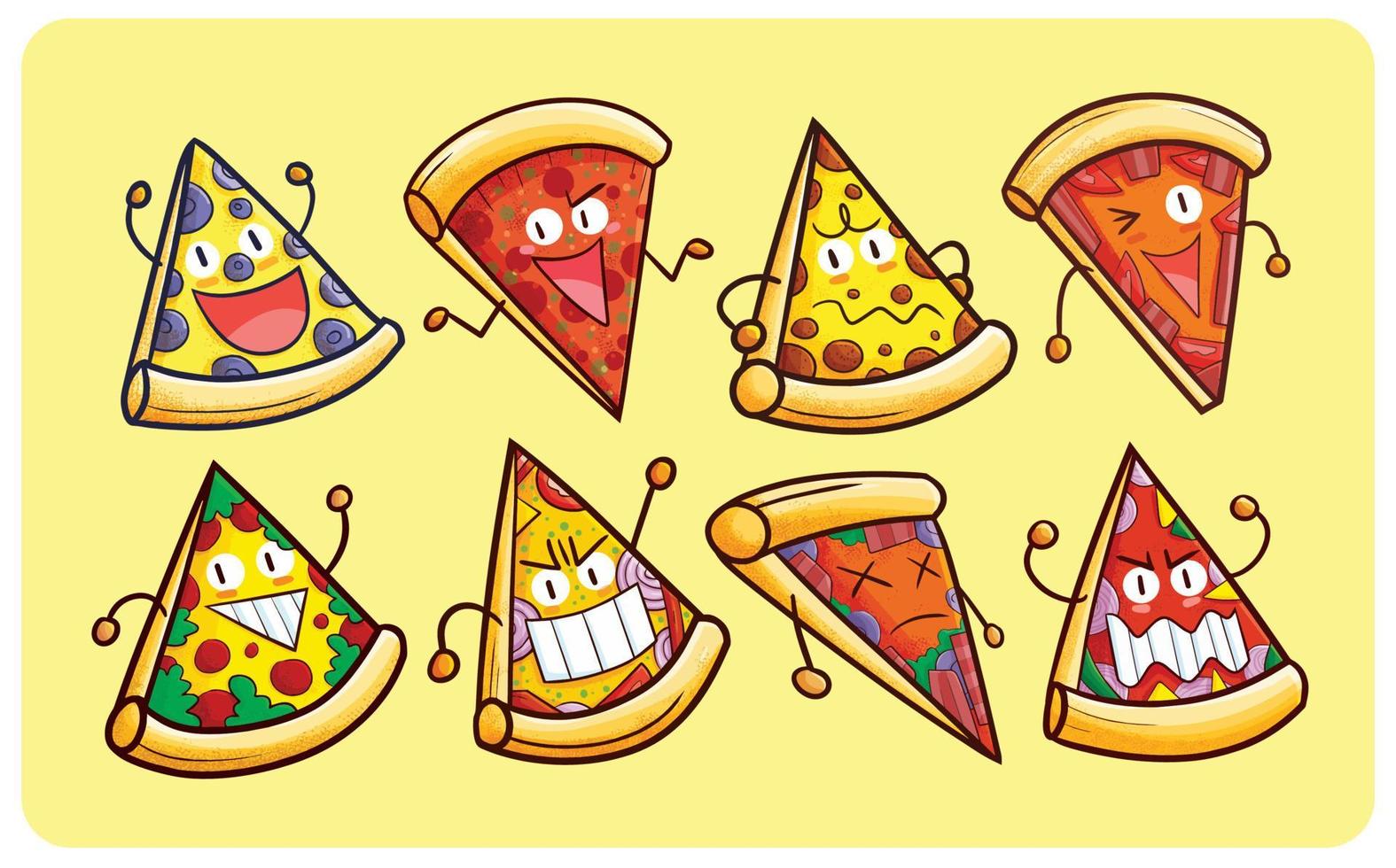 Funny and cool pizza character collection in kawaii style vector