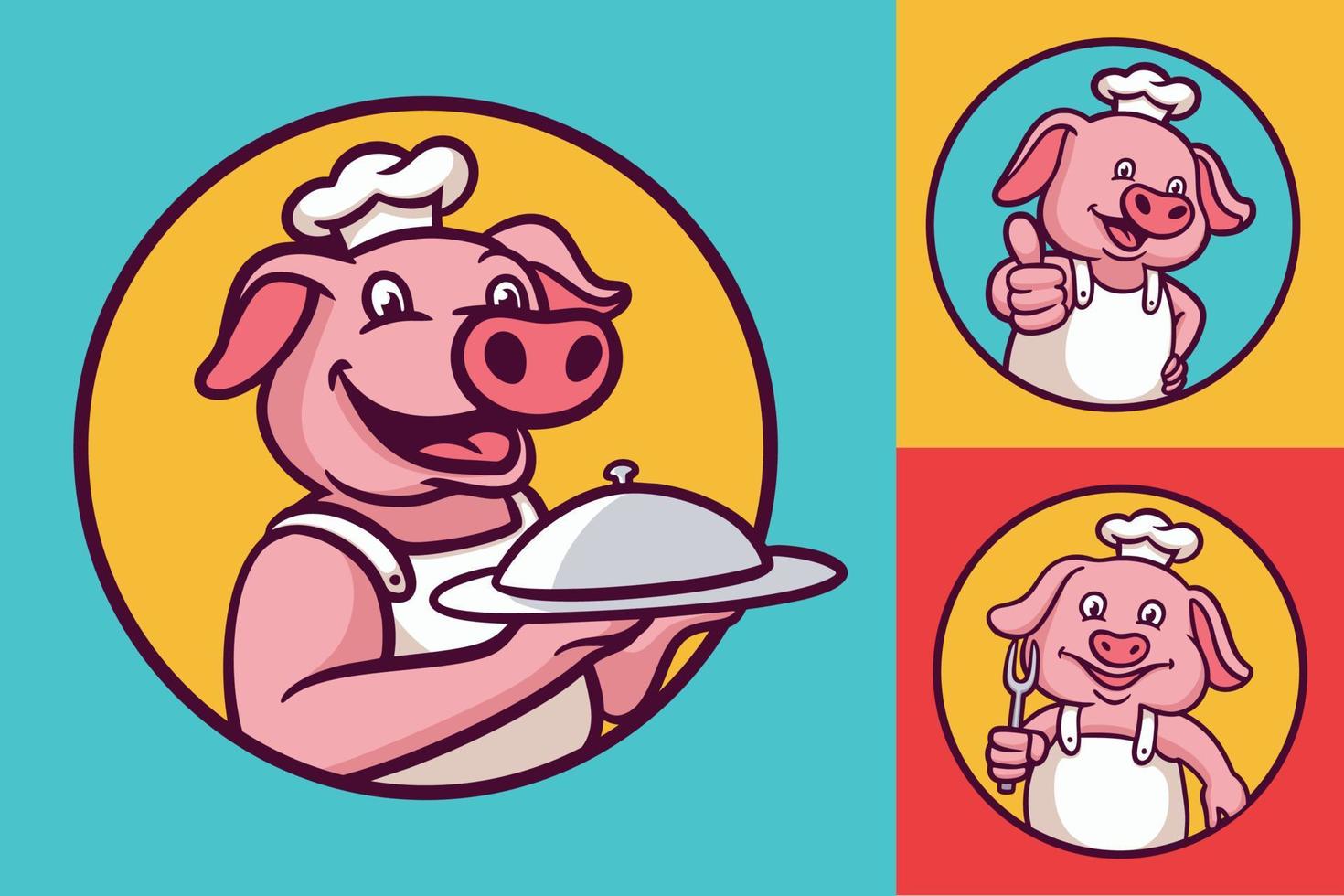 paquete de ilustración de mascota de logotipo de animal de dibujos animados de cerdo chef vector