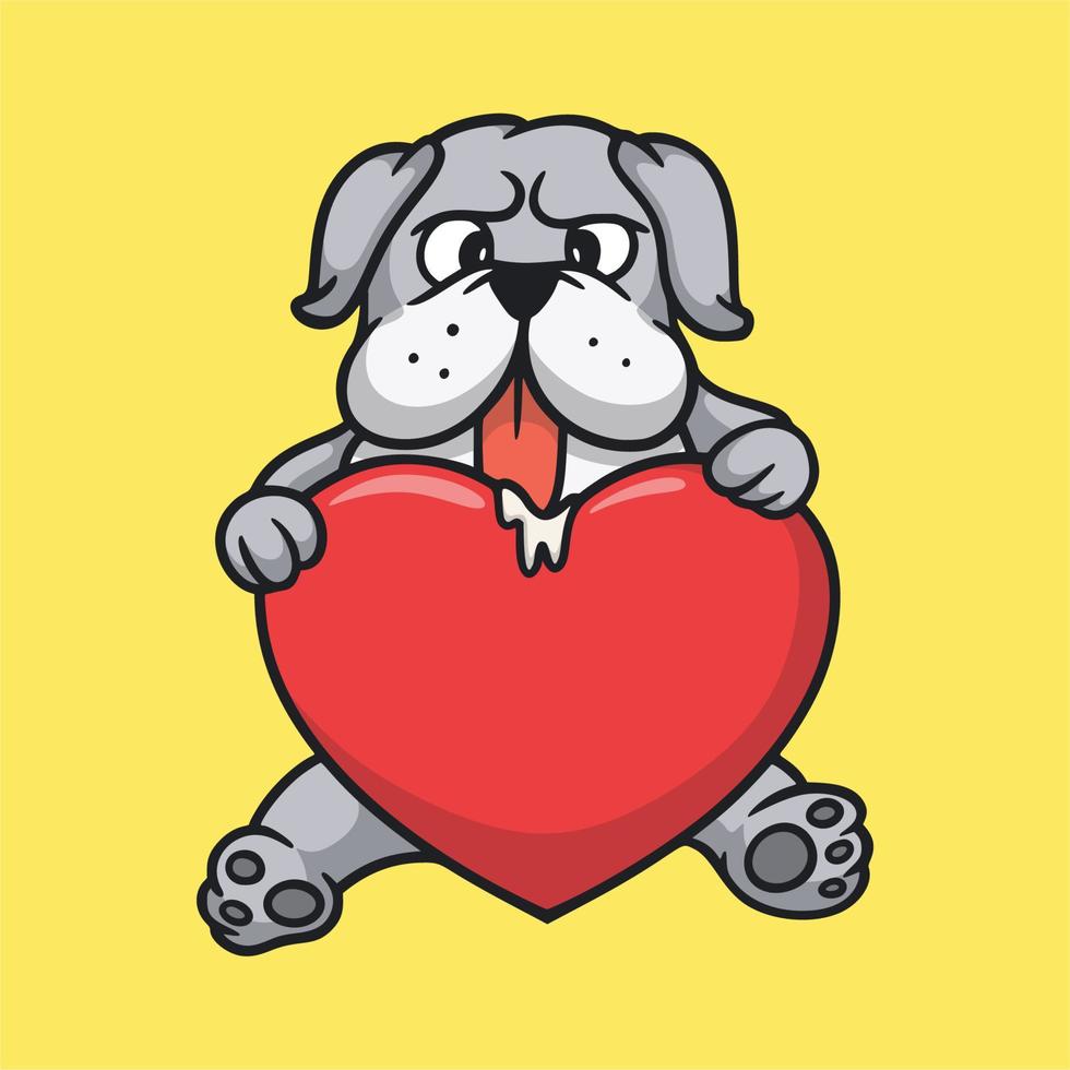 diseño animal de dibujos animados bulldog abraza un símbolo de corazón lindo logotipo de mascota vector