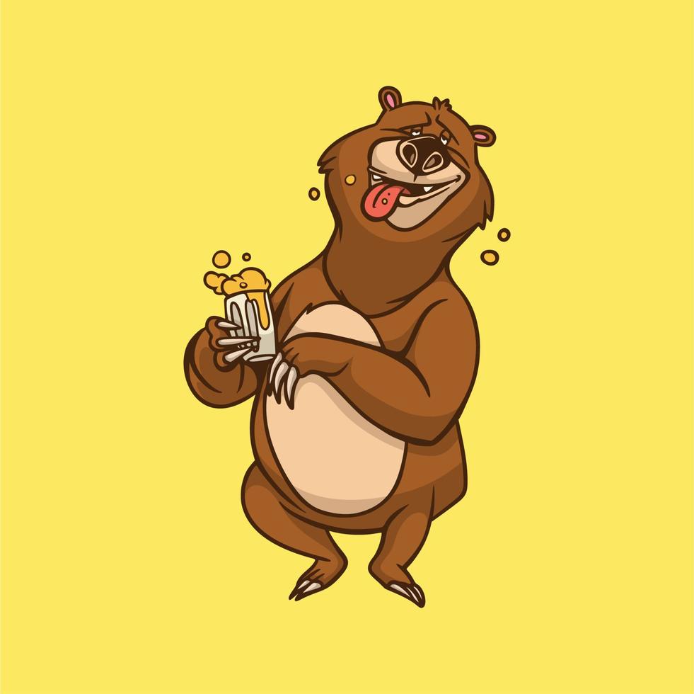 oso de diseño animal de dibujos animados está bebiendo cerveza logotipo de mascota lindo vector