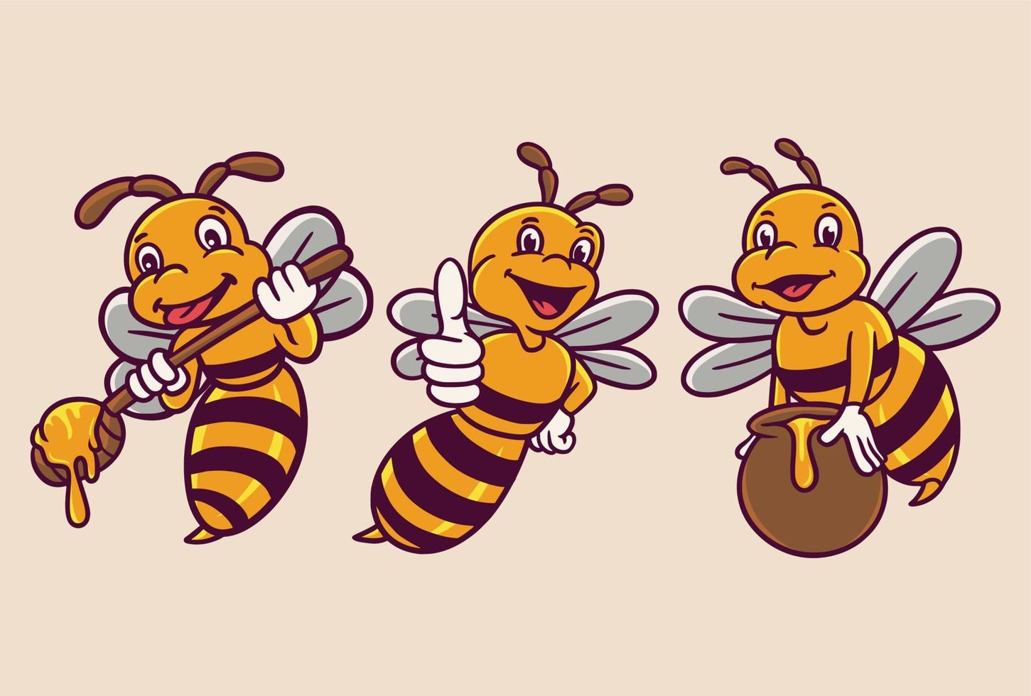 la abeja sostiene una cuchara de miel y un paquete de ilustración de mascota con el logotipo de animal de barril de miel vector