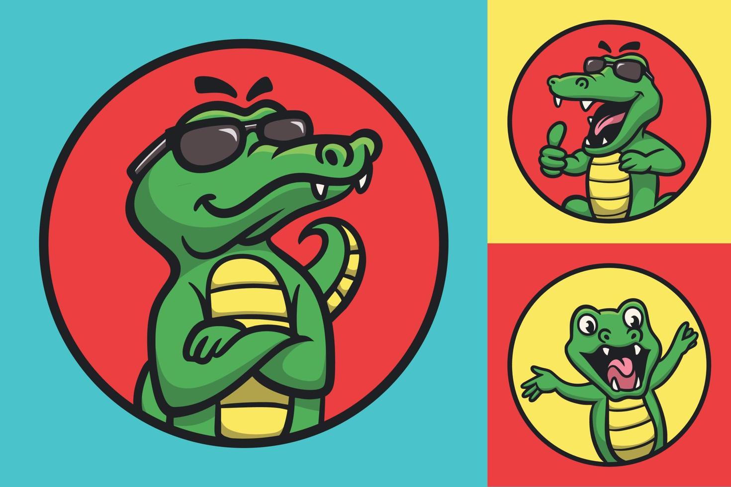 paquete de ilustración de mascota de logotipo de animal de cocodrilo fresco y feliz vector