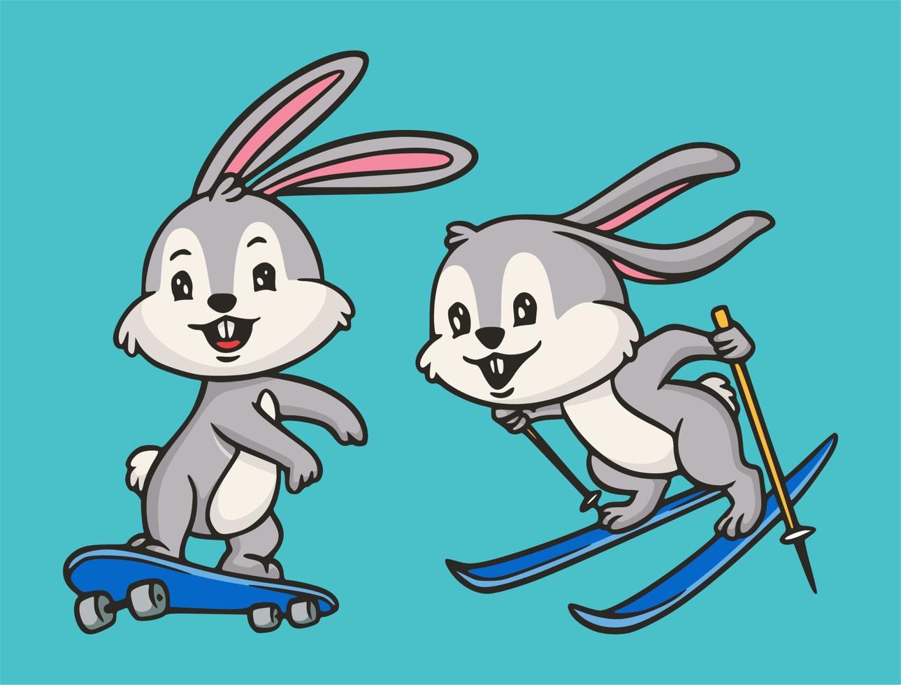 diseño animal de dibujos animados conejo patinaje y snowboard ilustración linda mascota vector