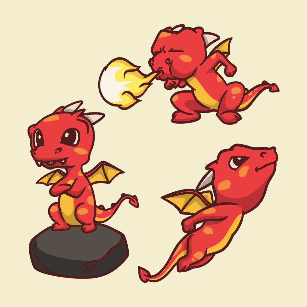 El dragón de diseño animal de dibujos animados estaba parado sobre una roca, escupiendo fuego y volando una linda mascota ilustración vector