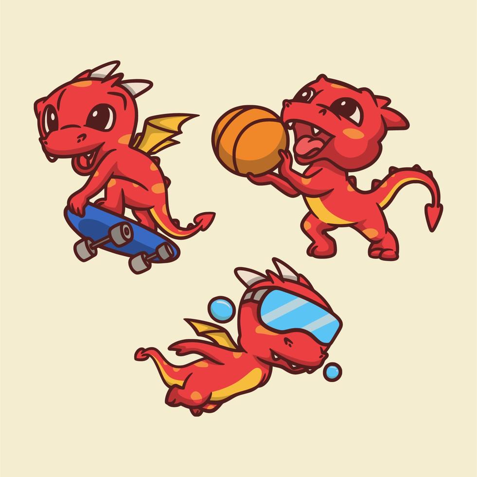 dibujos animados diseño animal dragones skate, baloncesto y natación linda mascota ilustración vector