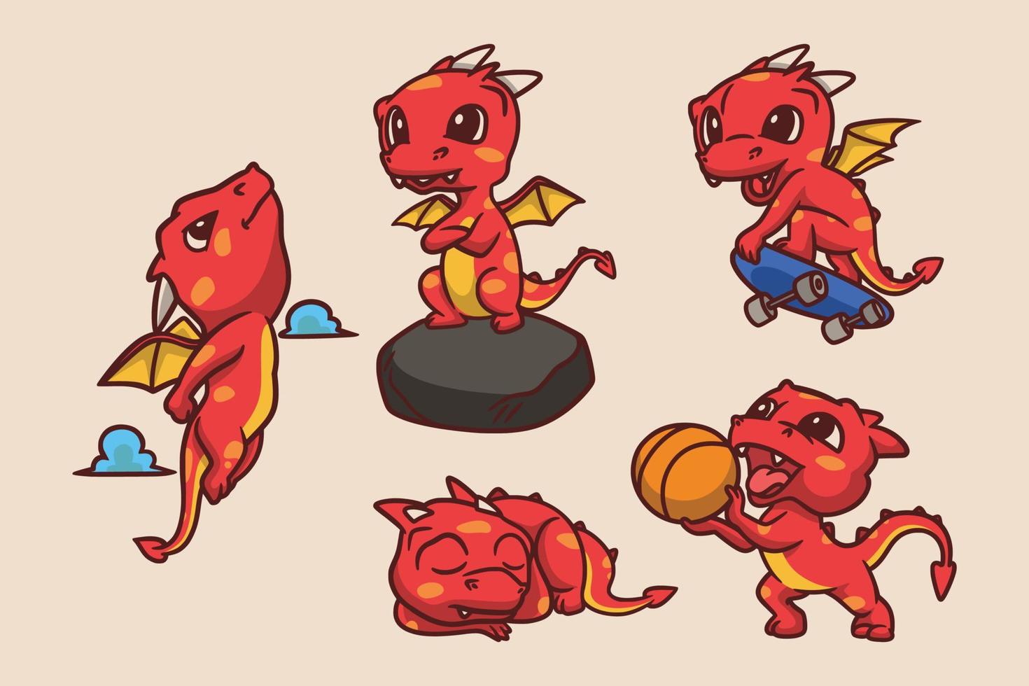 flying dragon, cool dragon, skateboard dragon, sleeping dragon and basketball dragon animal logo mascot illustration pack vector