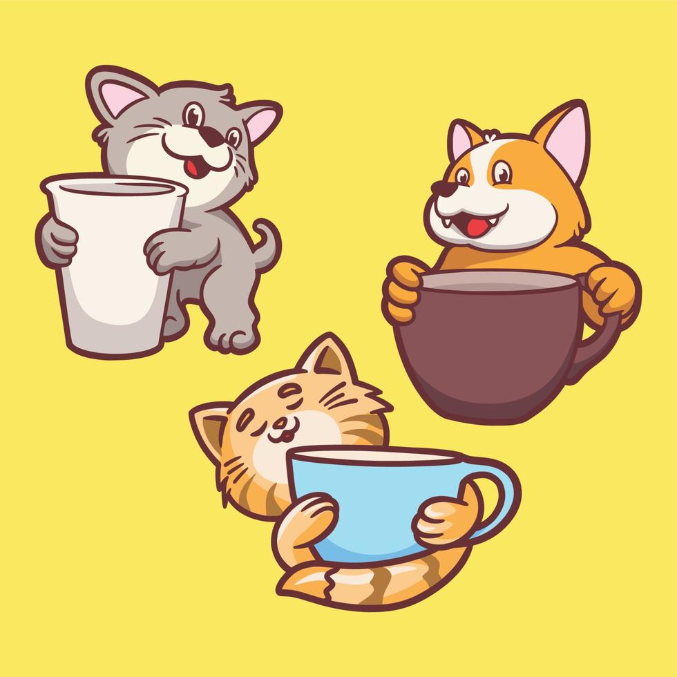 dog and cat with coffee animal logo mascot illustration pack vector