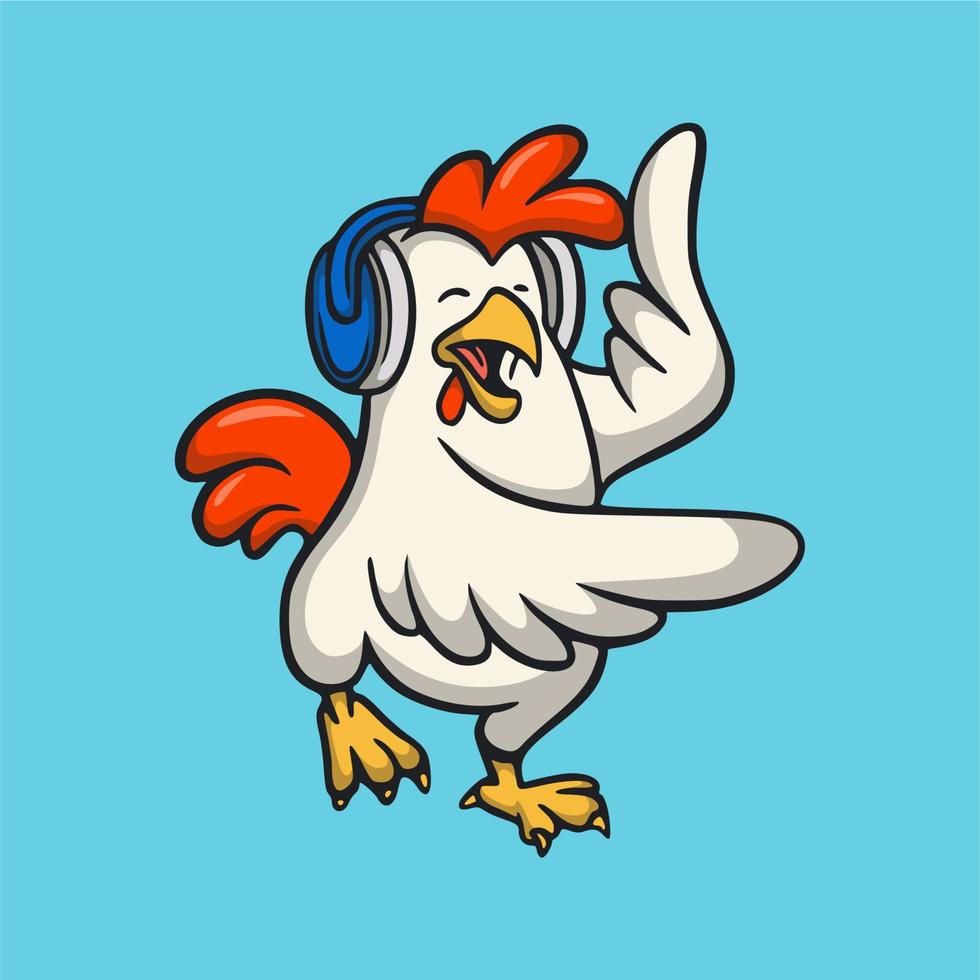 gallo de diseño animal de dibujos animados escuchando música logotipo de mascota lindo vector