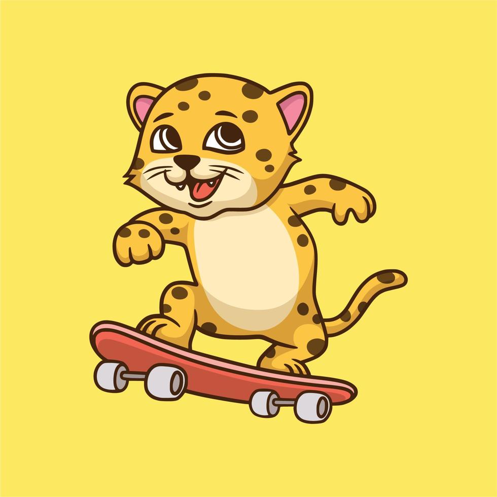 cartoon animal design leopard skateboarding cute mascot logo vector