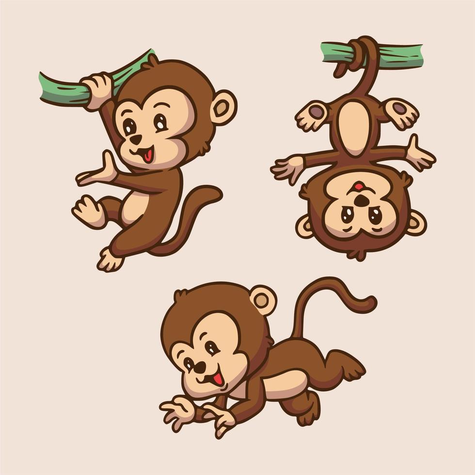El mono de diseño animal de dibujos animados colgaba del tronco del árbol y saltaba una linda mascota ilustración vector