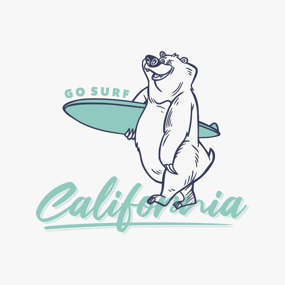 tipografía de lema vintage ir a surfear california un oso que lleva una tabla de surf para el diseño de la camiseta vector