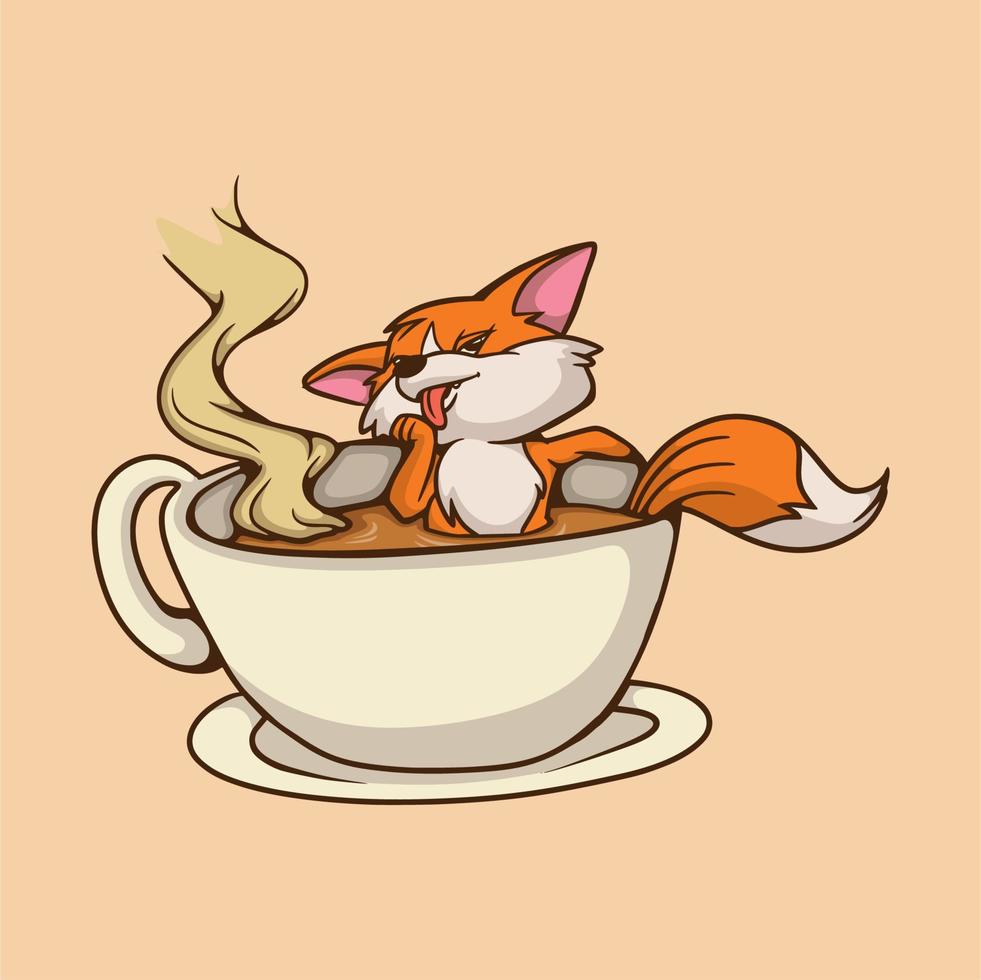 cartoon animal design Fox soaking in a coffee cup cute mascot logo vector