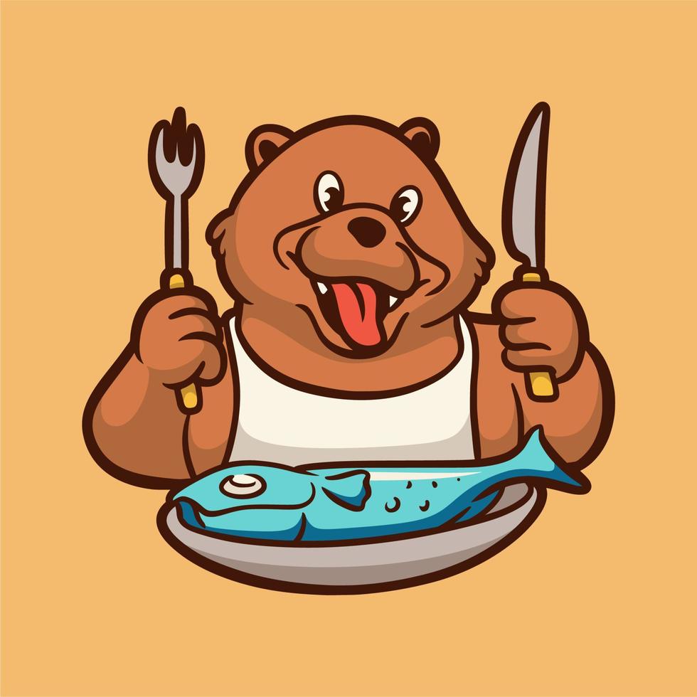 oso de diseño animal de dibujos animados preparándose para comer pescado logotipo de mascota lindo vector